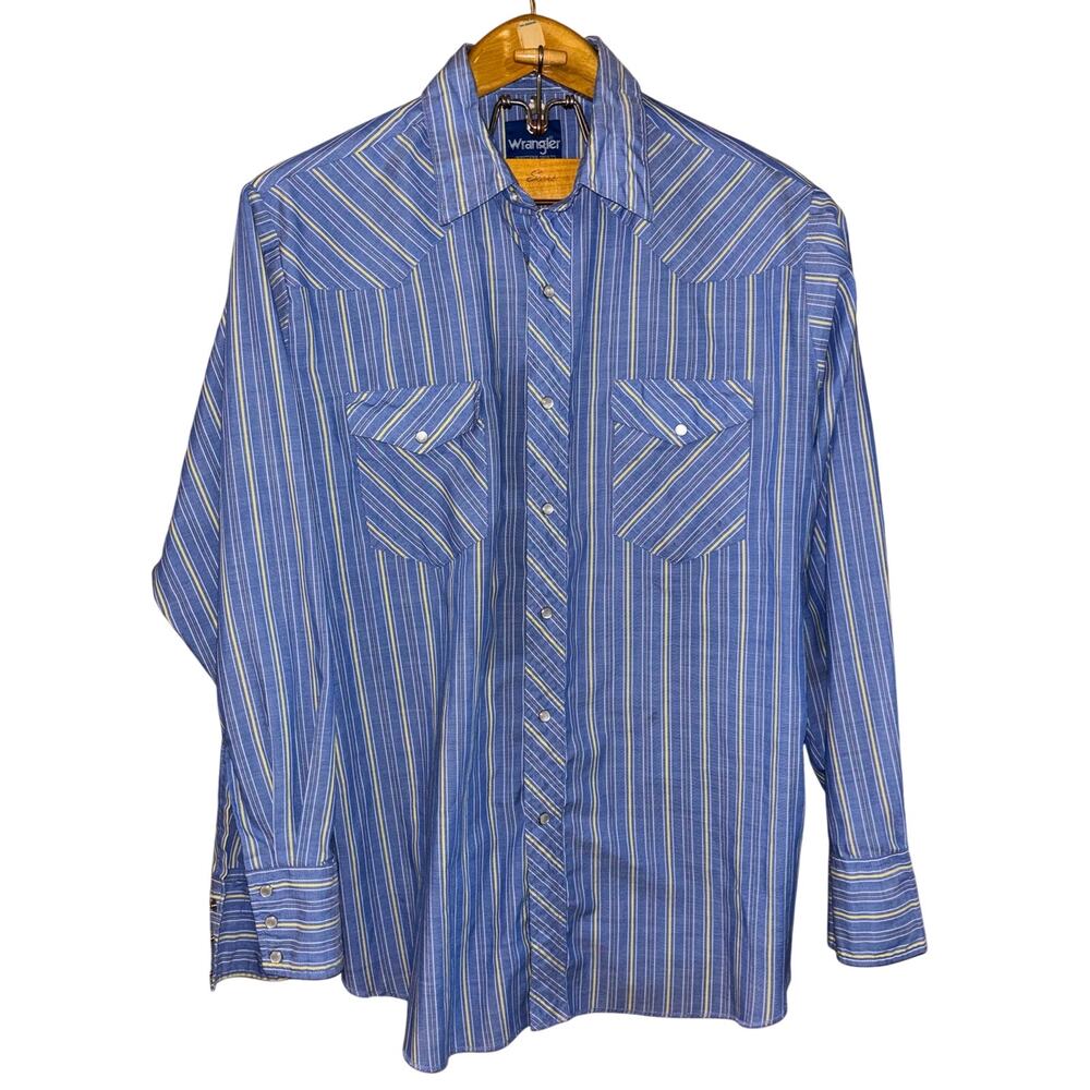 Vintage Wrangler pearl snap long sleeve blue yellow white stripe shirt (large)